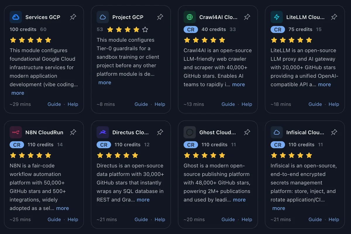 The RAD catalogue: a grid of deployment options including Services GCP, Crawl4AI, LiteLLM, N8N, Directus, Ghost and Infisical, each card showing its credit cost, star rating and typical build time