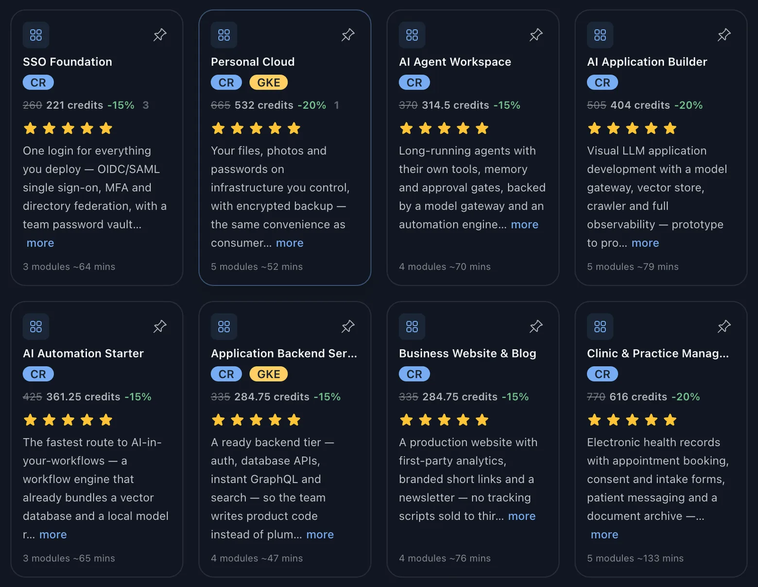 The RAD solutions catalogue: SSO Foundation, Personal Cloud, AI Agent Workspace and others, each showing its module count, estimated build time and a bundle discount of 15 or 20 percent struck through against the full price
