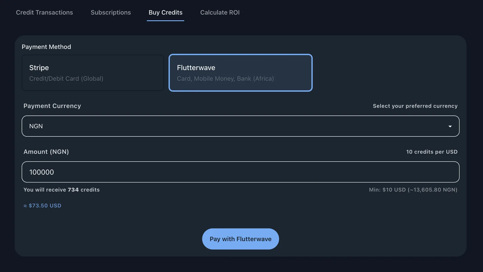 RAD's Buy Credits form: Stripe and Flutterwave offered side by side, a payment currency set to NGN, an amount of 100,000 NGN converting to 734 credits at 10 credits per USD