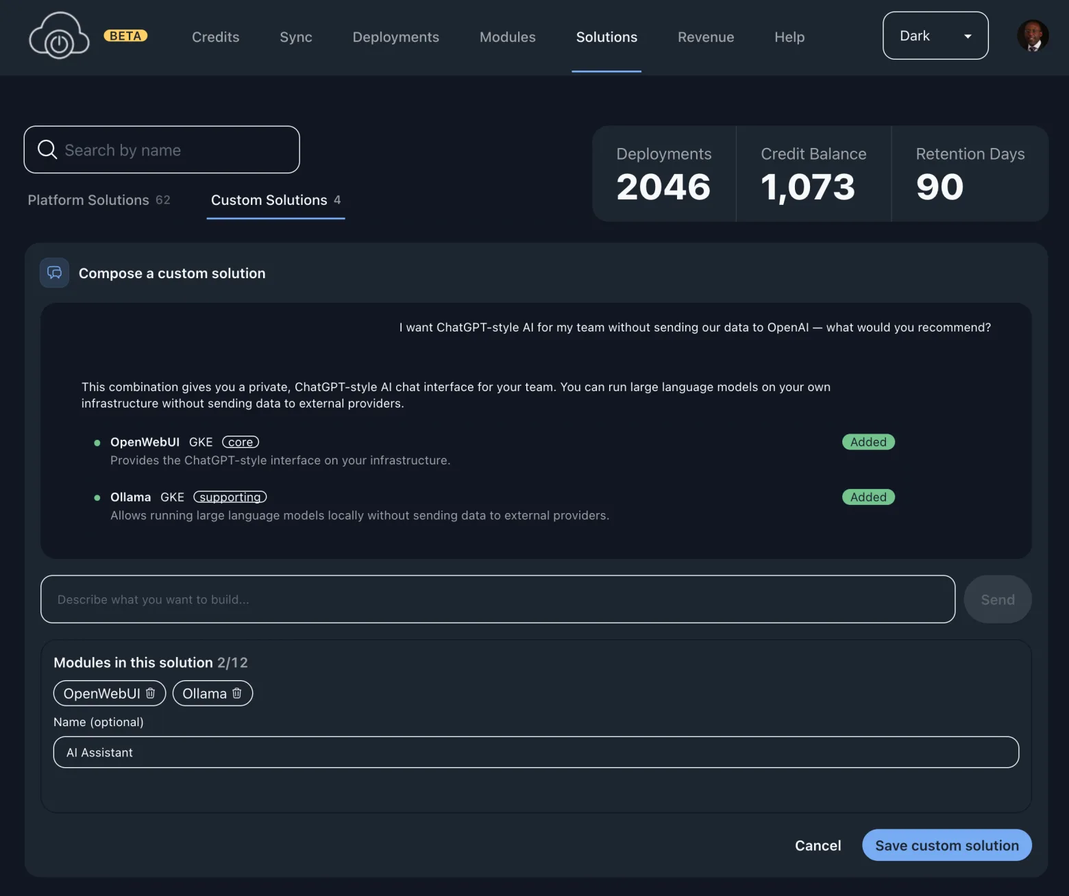 The Compose a custom solution panel: a request reading "I want ChatGPT-style AI for my team without sending our data to OpenAI", answered with OpenWebUI marked core and Ollama marked supporting, each with a one-line reason and an Added badge, above a Modules in this solution counter reading 2 of 12