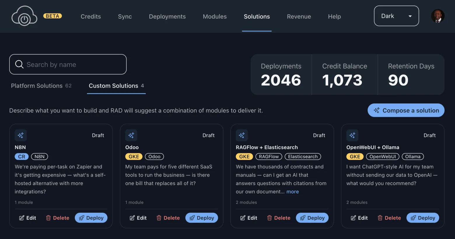 The Custom Solutions tab holding four saved compositions &mdash; N8N, Odoo, RAGFlow with Elasticsearch, and OpenWebUI with Ollama &mdash; each showing its original request, its module count, a Draft badge, and Edit, Delete and Deploy actions